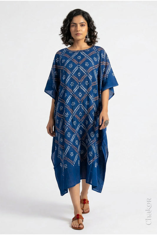 Mulmul cotton bandhani kaftan dress for women with mirror work in indigo, relaxed fit for summer.


