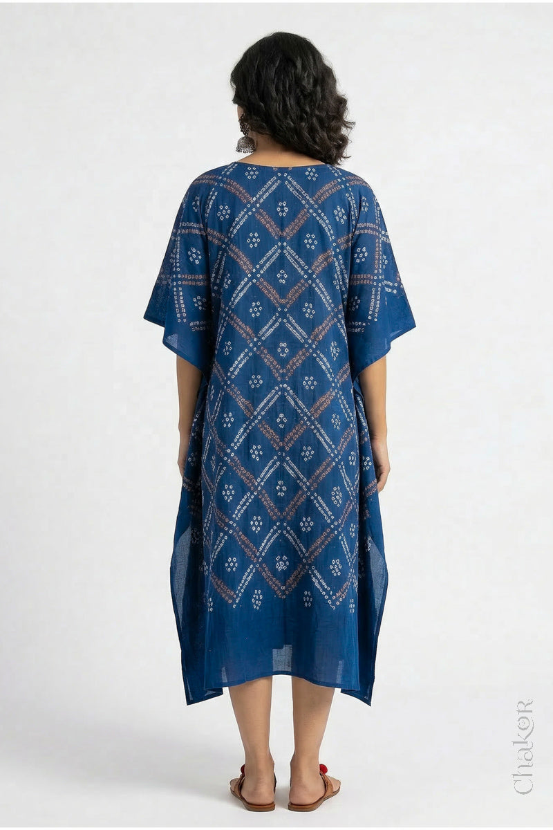 Mulmul cotton bandhani kaftan dress back view with mukiahs embroidery, loose fit summer wear.

