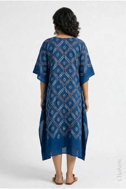 Mulmul cotton bandhani kaftan dress back view with mukiahs embroidery, loose fit summer wear.

