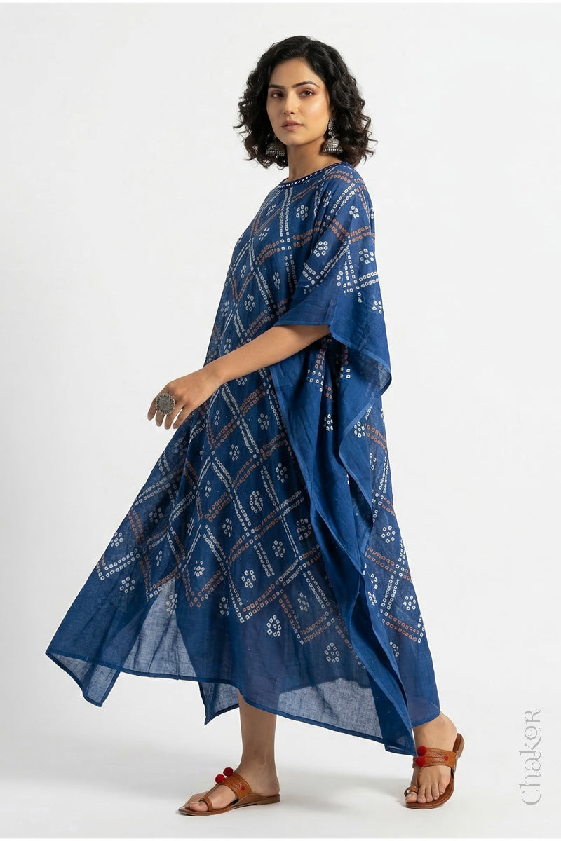 Mulmul cotton bandhani kaftan dress for women with mirror work in indigo, relaxed fit for summer.
