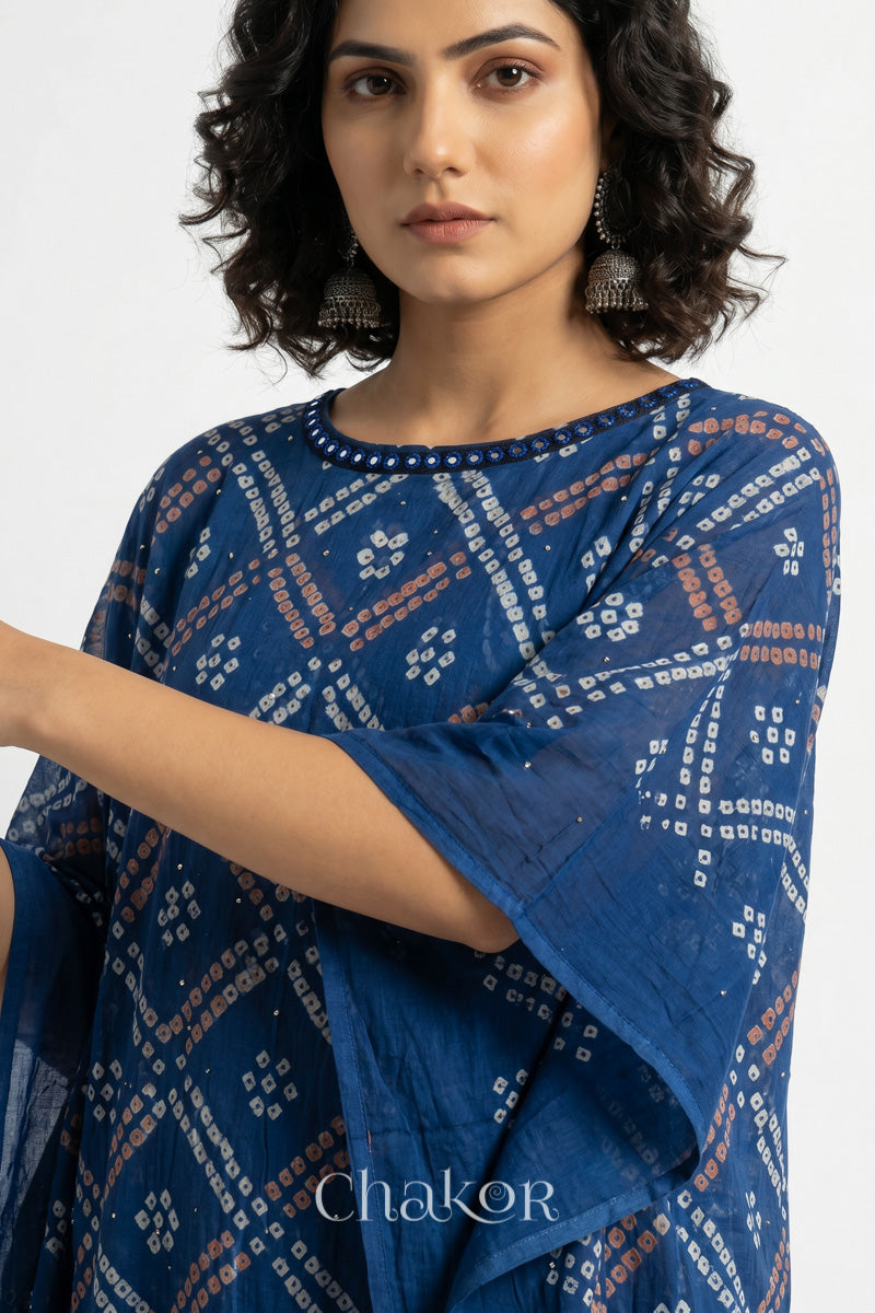Bandhani kaftan neckline with mirror work detail in indigo mulmul cotton for summer.

