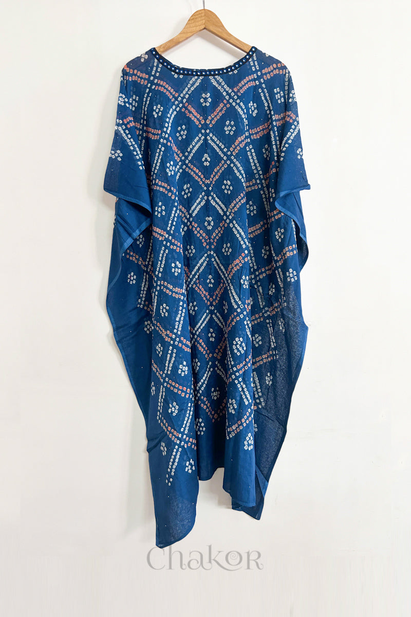 Handcrafted Kutch bandhani women's kaftan hanging full length in mulmul cotton with mirror work, loose fit for summer.
