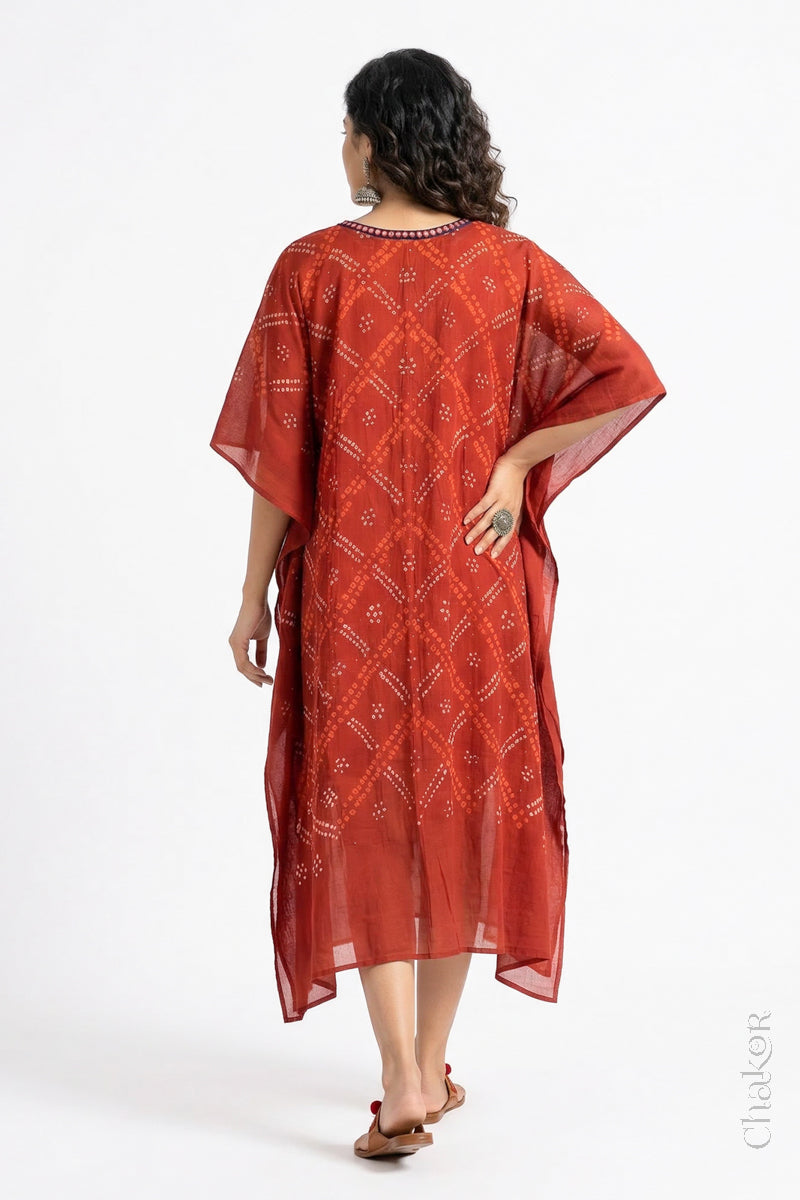 Mulmul cotton bandhani kaftan dress back view with mukiahs embroidery, loose fit summer wear.
