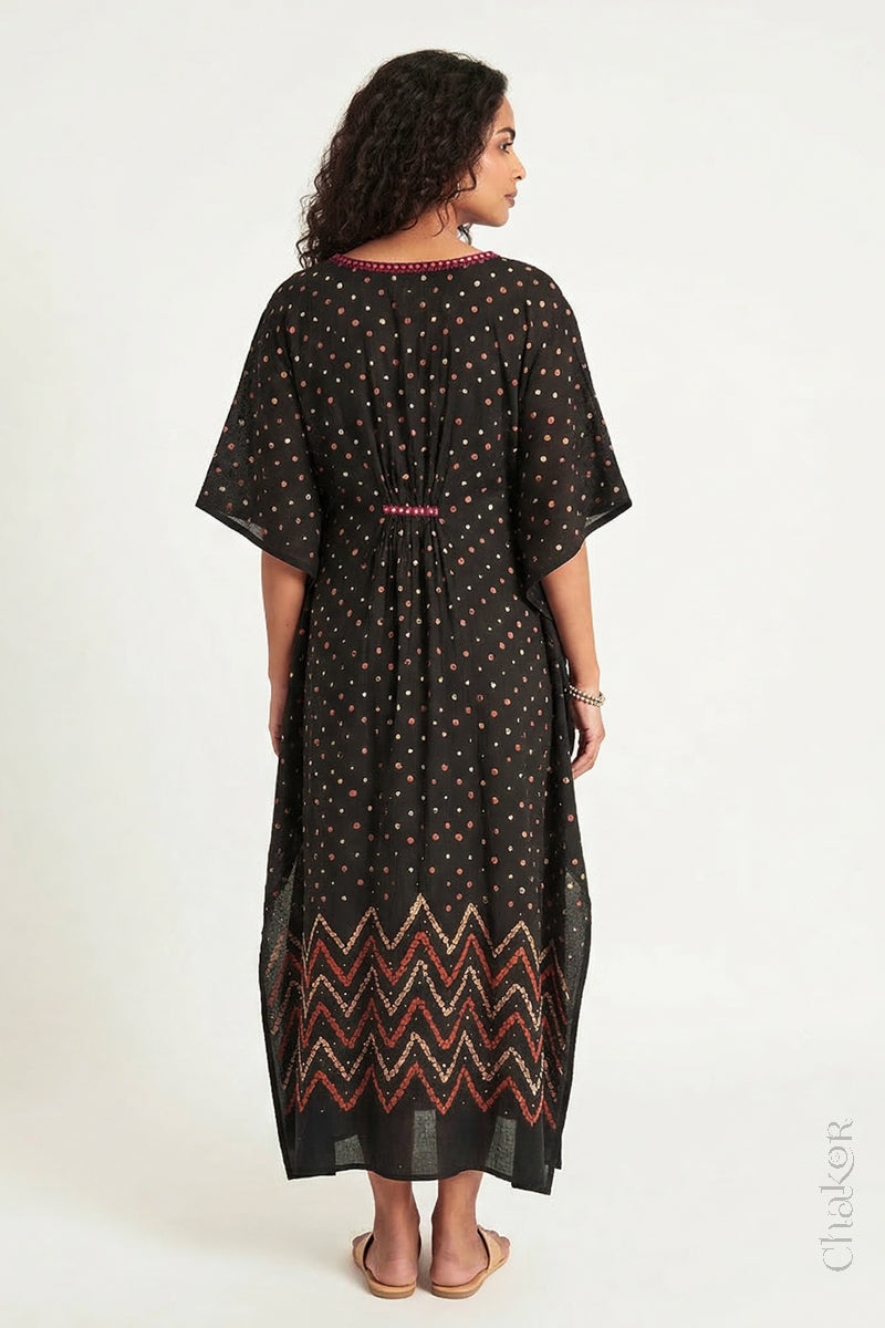 Mulmul cotton bandhani kaftan dress back view with mukiahs embroidery, loose fit summer wear.
