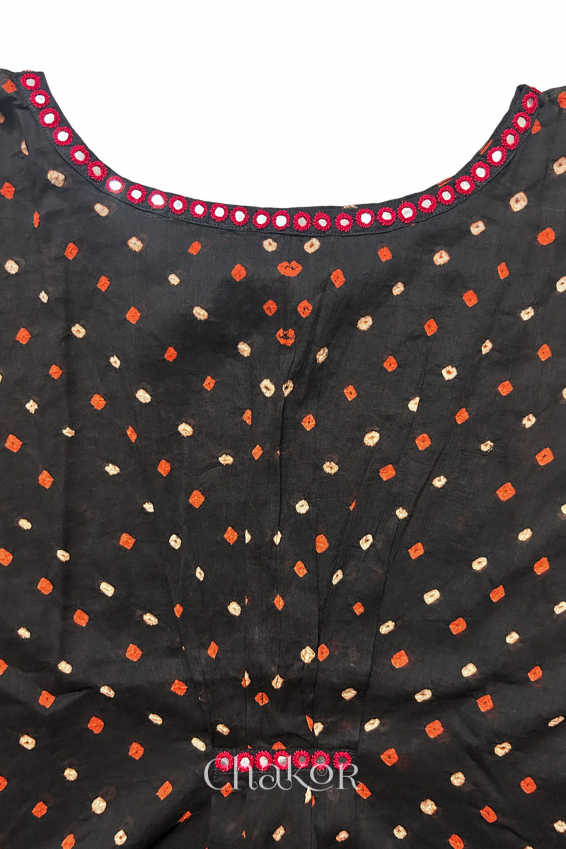 Kutch Bandhani pattern with mirror neckline detail on handcrafted cotton mulmul kaftan dress.

