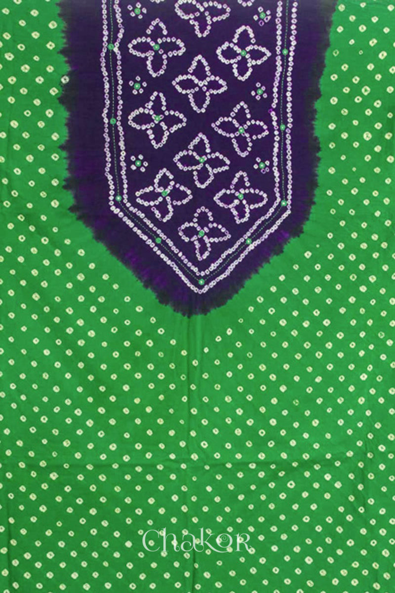 Handcrafted Green and Purple Bandhani Cotton Kurta Material with floral tie-dye bandhej patterns and mirror embroidery.