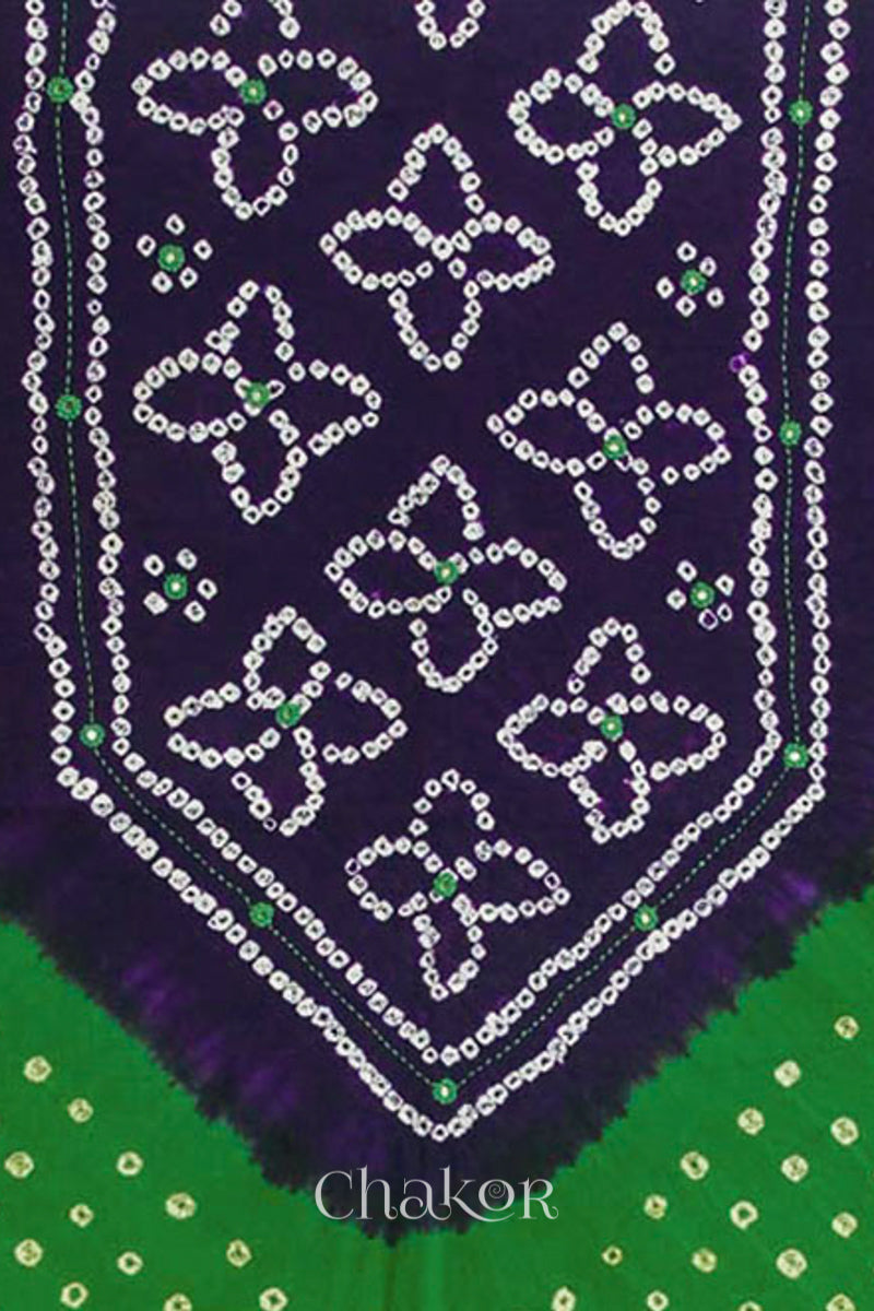 Handcrafted Green and Purple Bandhani Cotton Kurta Material with floral tie-dye bandhej patterns and mirror embroidery.