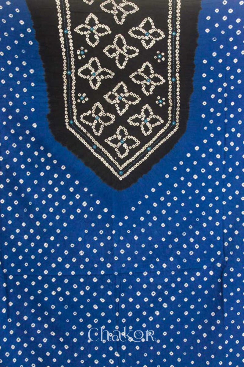 Handcrafted Blue and black Bandhani Cotton Kurta Material with floral tie-dye bandhej patterns and mirror embroidery.