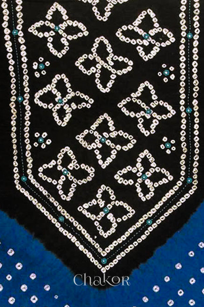 Handcrafted Blue and black Bandhani Cotton Kurta Material with floral tie-dye bandhej patterns and mirror embroidery.