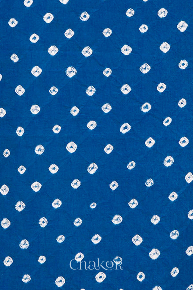 Handcrafted Blue and black Bandhani Cotton Kurta Material with floral tie-dye bandhej patterns and mirror embroidery.