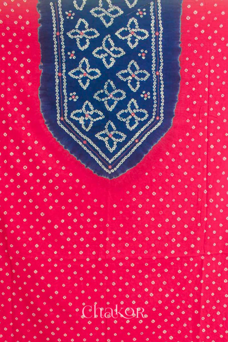 Handcrafted Pink and blue Bandhani Cotton Kurta Material with floral tie-dye bandhej patterns and mirror embroidery.