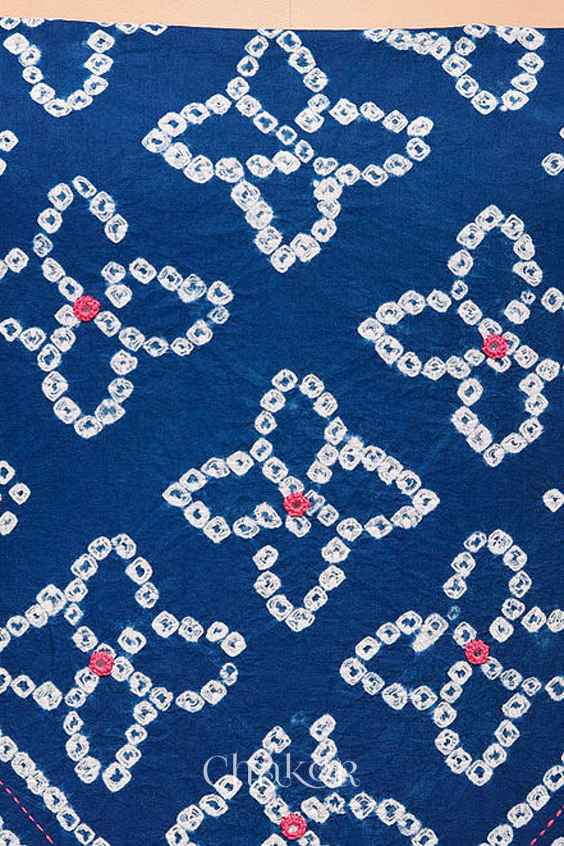 Handcrafted Pink and blue Bandhani Cotton Kurta Material with floral tie-dye bandhej patterns and mirror embroidery.