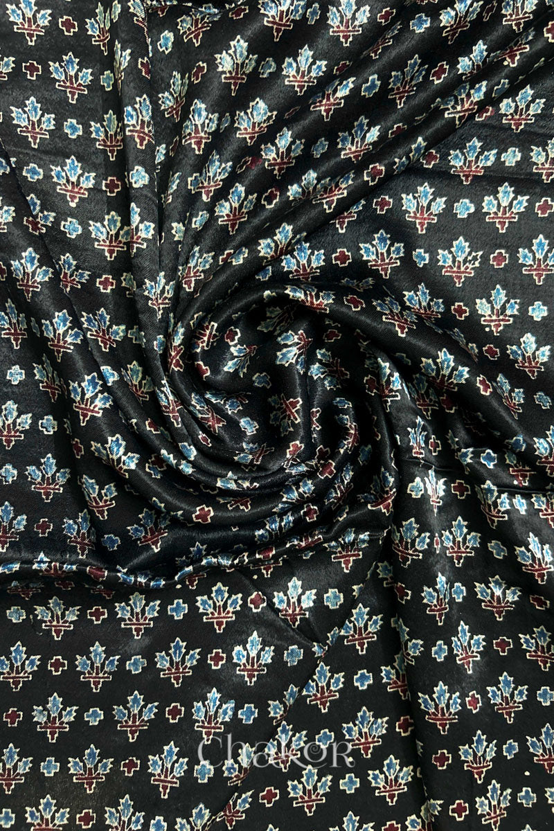 Black Ajrakh Printed Mashru Kurta Fabric - 3 mtr