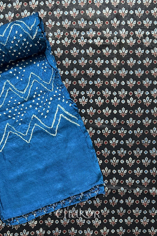 Black Ajrakh Printed Mashru Kurta Fabric with Indigo Bandhani Dupatta