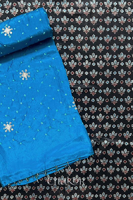 Black Ajrakh Pinted Mashru Kurta Fabric with Peacock Blue Bandhani Dupatta