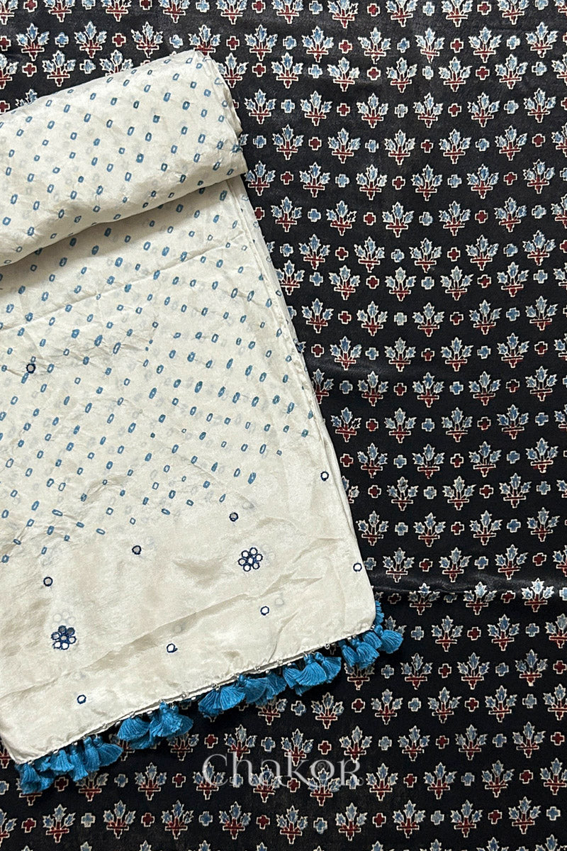 Black Ajrakh Mashru Kurta Fabric with Offwhite Bandhani Dupatta