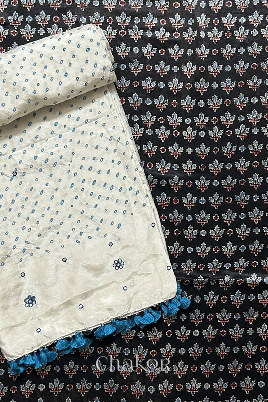Black Ajrakh Mashru Kurta Fabric with Offwhite Bandhani Dupatta