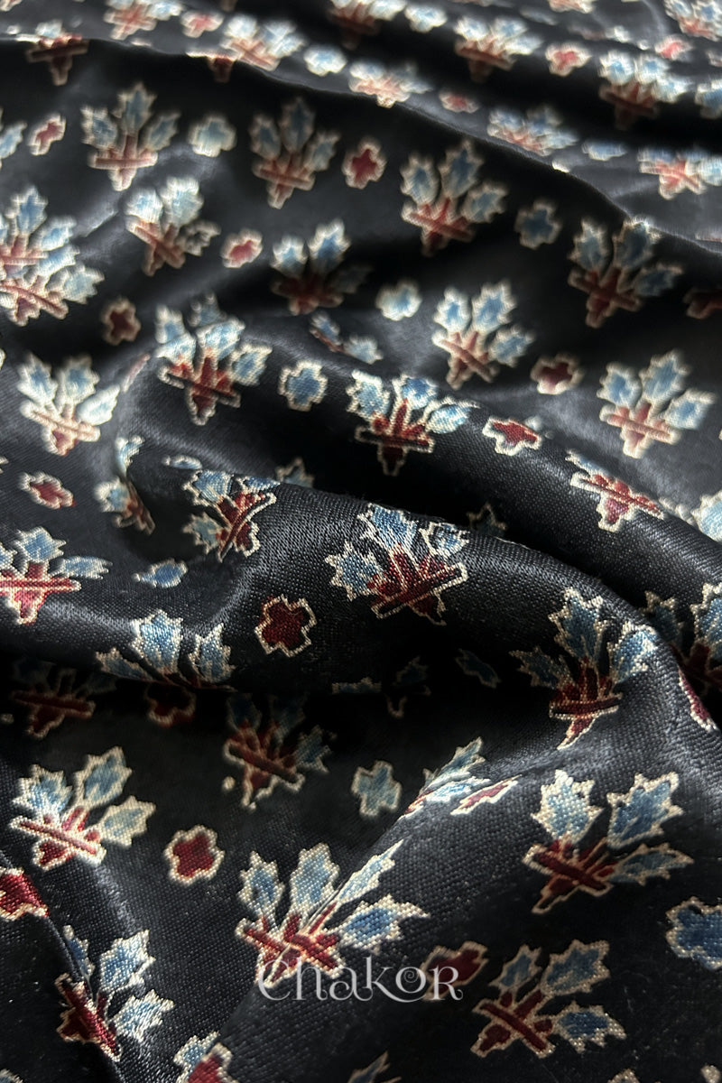 Black Ajrakh Printed Mashru Kurta Fabric - 3 mtr