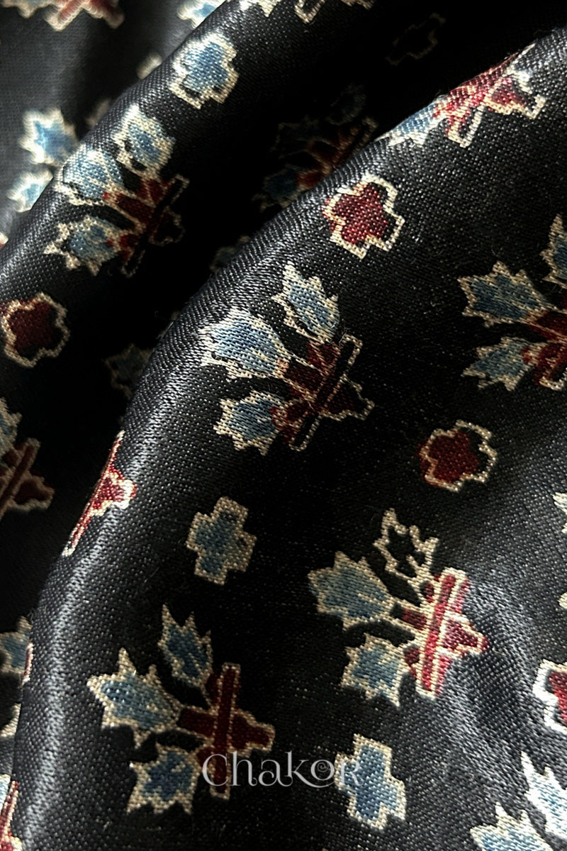 Black Ajrakh Printed Mashru Kurta Fabric - 3 mtr