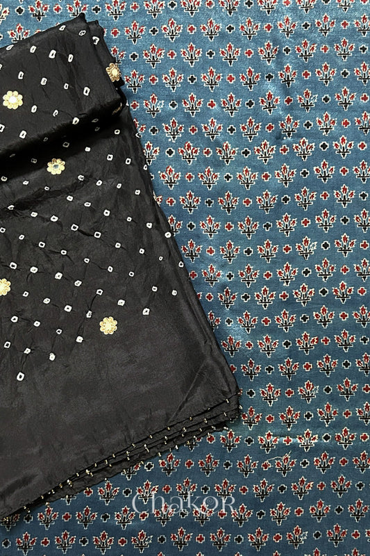Indigo Ajrakh Printed Mashru Kurta Fabric with Black Bandhani Dupatta