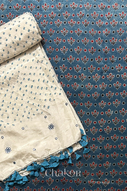 Indigo Ajrakh Mashru Kurta Fabric with Offwhite Bandhani Dupatta