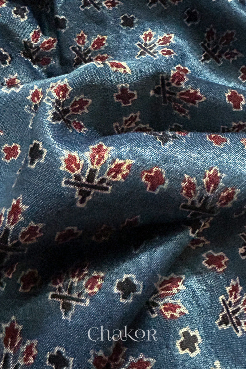 Indigo Ajrakh Printed Mashru Kurta Fabric - 3 mtr