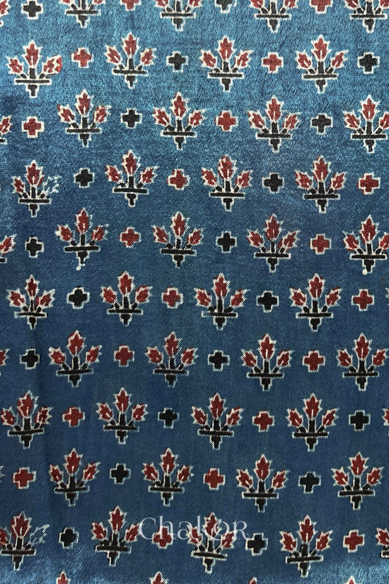 Indigo Ajrakh Printed Mashru Kurta Fabric - 3 mtr