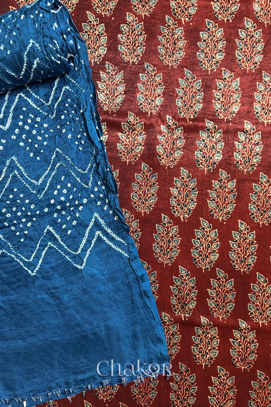 Madder Red Ajrakh Printed Mashru Kurta Fabric with Indigo Bandhani Dupatta