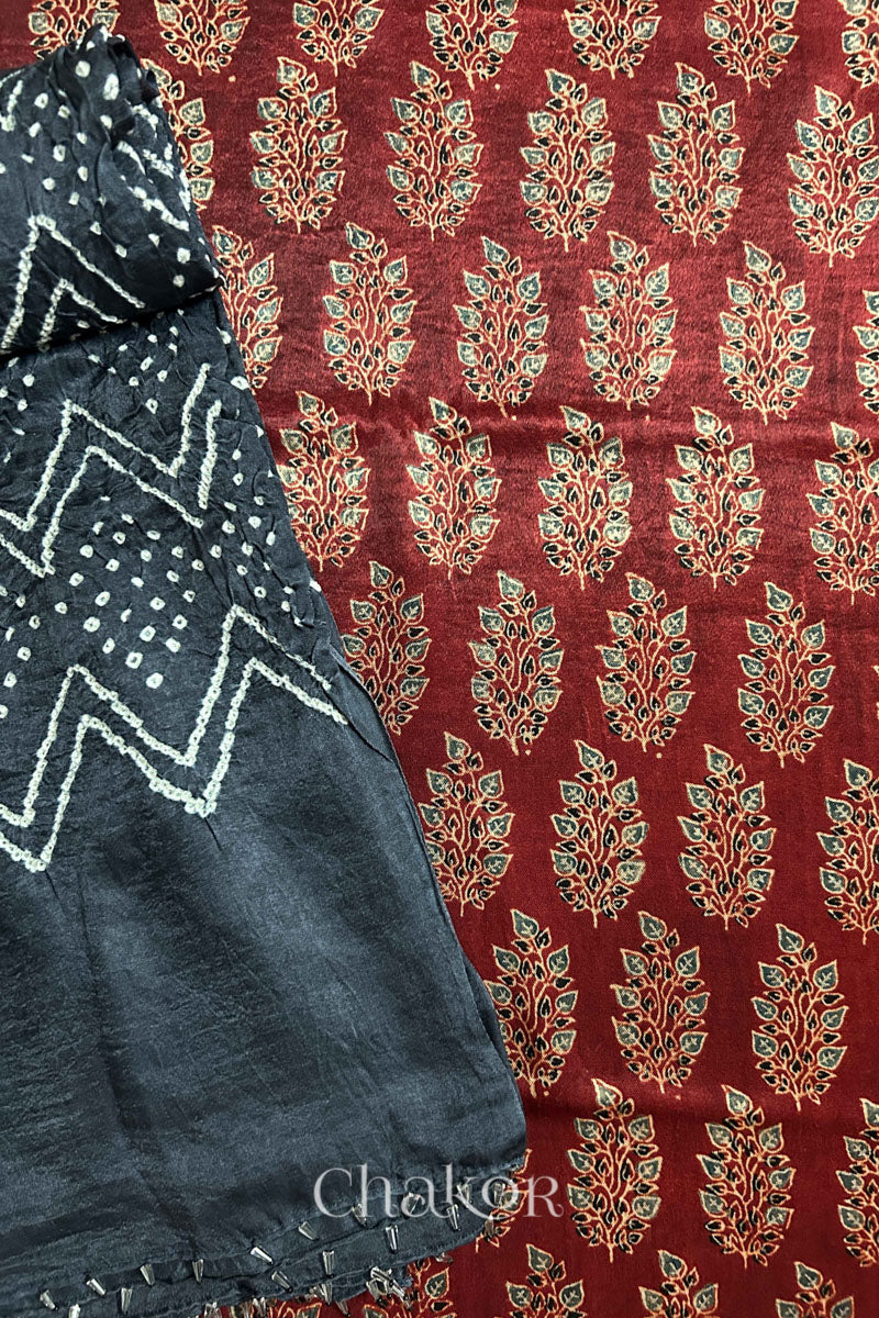 Madder Red Ajrakh Printed Mashru Kurta Fabric with Black Bandhani Dupatta
