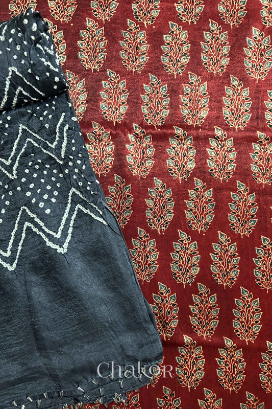 Madder Red Ajrakh Printed Mashru Kurta Fabric with Black Bandhani Dupatta