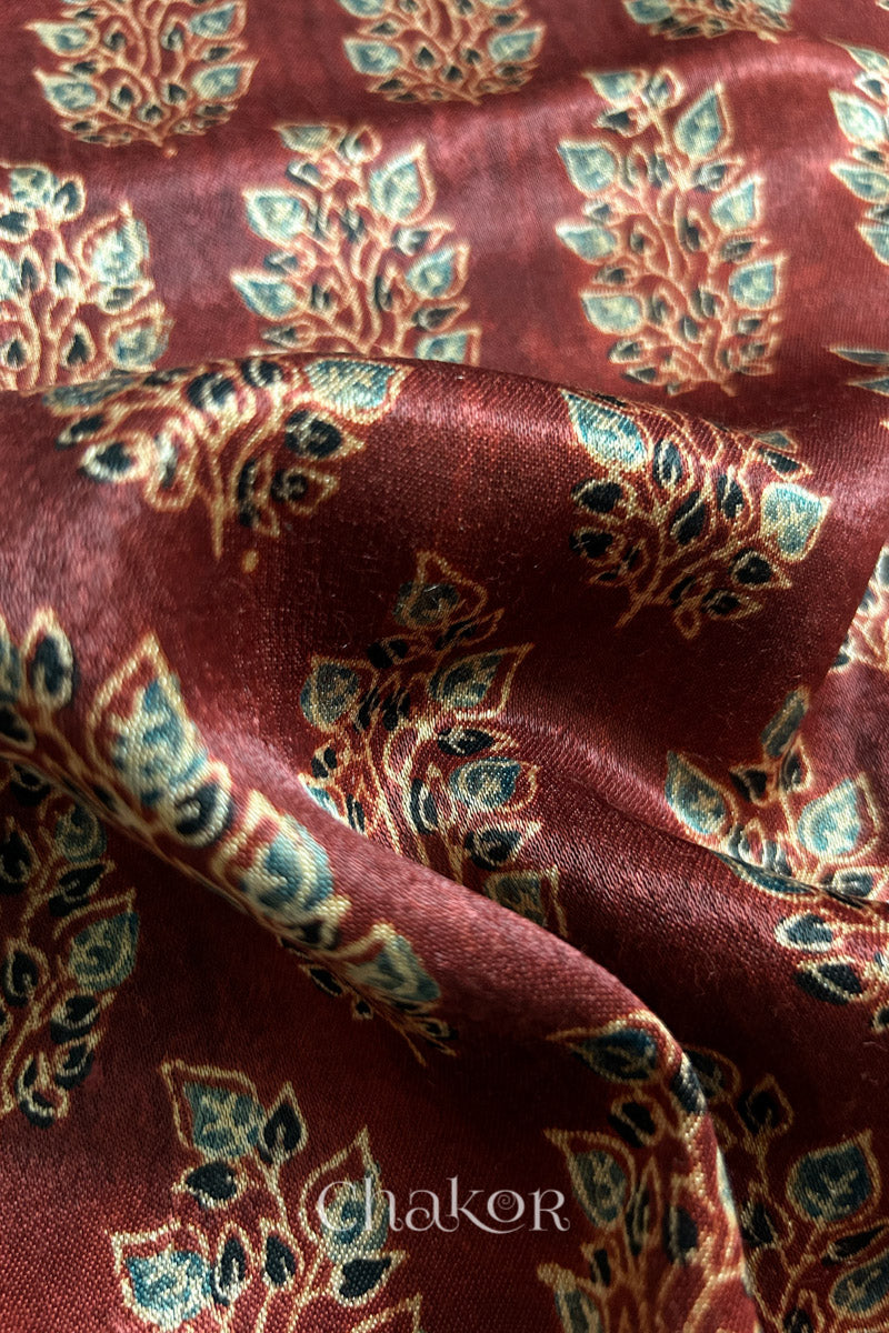 Madder Red Ajrakh Printed Mashru Kurta Fabric - 3 mtr