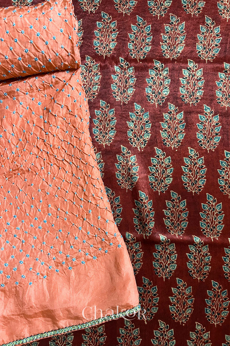 Madder Red Ajrakh Printed Mashru Kurta Fabric with Peach Bandhani Dupatta