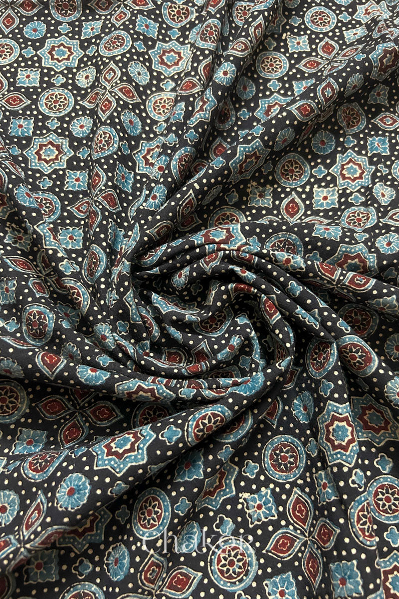Black Ajrakh Printed Cotton Kurta Fabric - 3 mtr