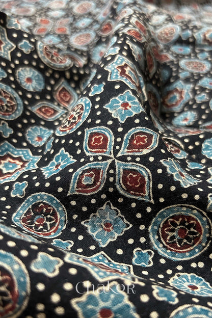 Black Ajrakh Printed Cotton Kurta Fabric - 3 meter