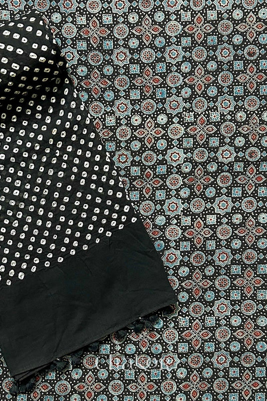 Black Ajrakh Printed Cotton Kurta Fabric with Black Bandhani Dupatta
