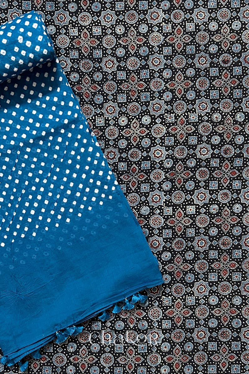 Black Ajrakh Printed Cotton Kurta Fabric with Indigo Bandhani Dupatta