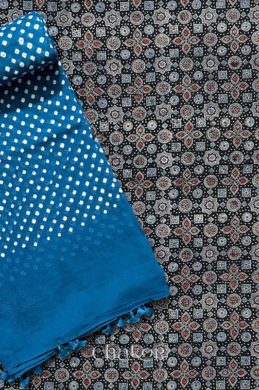Black Ajrakh Printed Cotton Kurta Fabric with Indigo Bandhani Dupatta