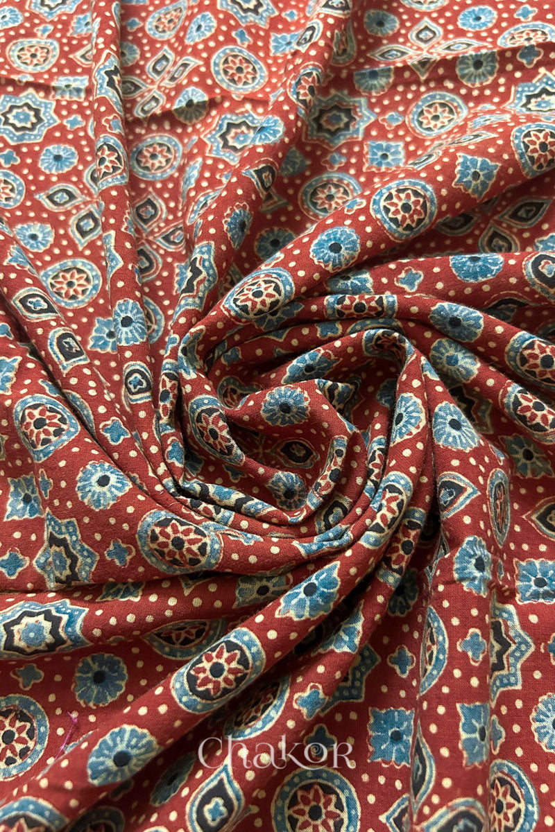 Madder Red Ajrakh Printed Cotton Kurta Fabric - 3 mtr
