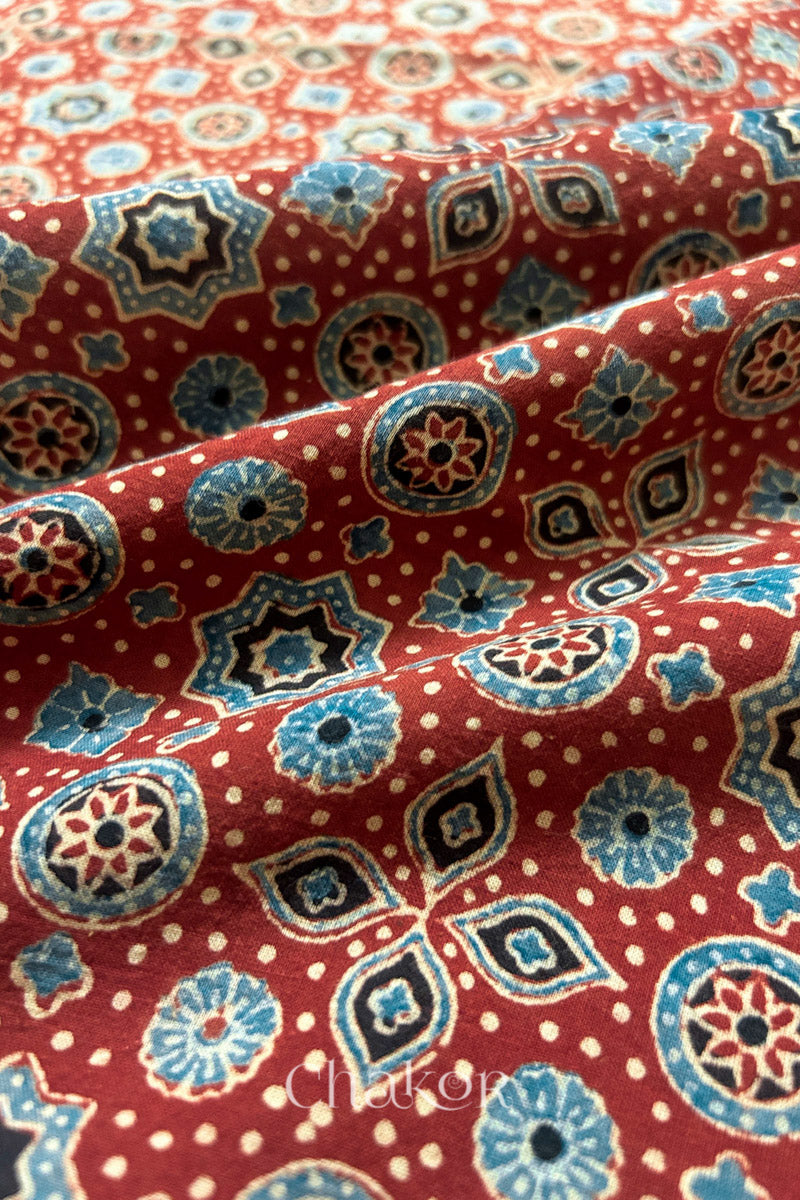 Madder Red Ajrakh Printed Cotton Kurta Fabric - 3 mtr