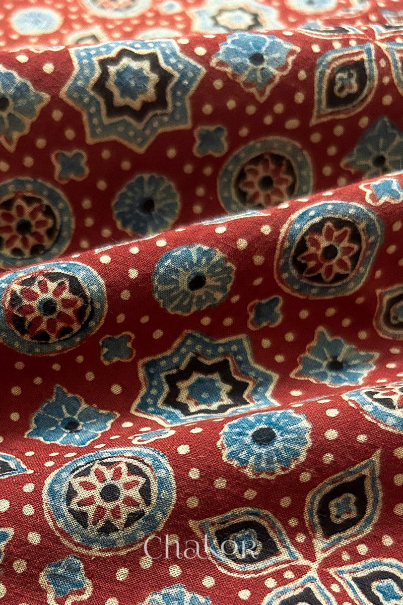Madder Red Ajrakh Printed Cotton Kurta Fabric - 3 mtr