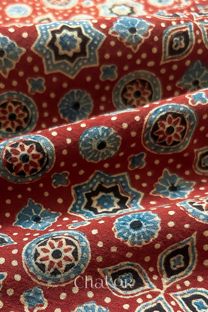 Madder Red Ajrakh Printed Cotton Kurta Fabric - 3 meter