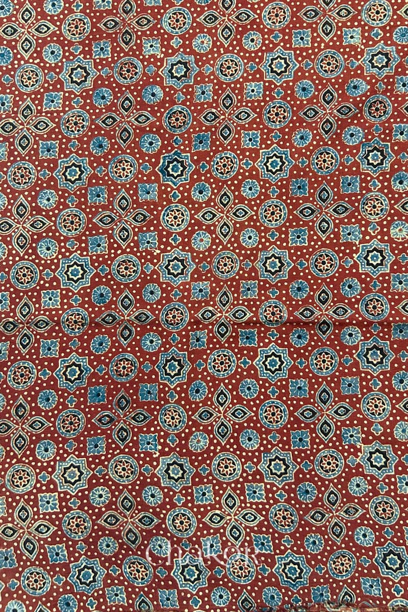 Madder Red Ajrakh Printed Cotton Kurta Fabric - 3 mtr