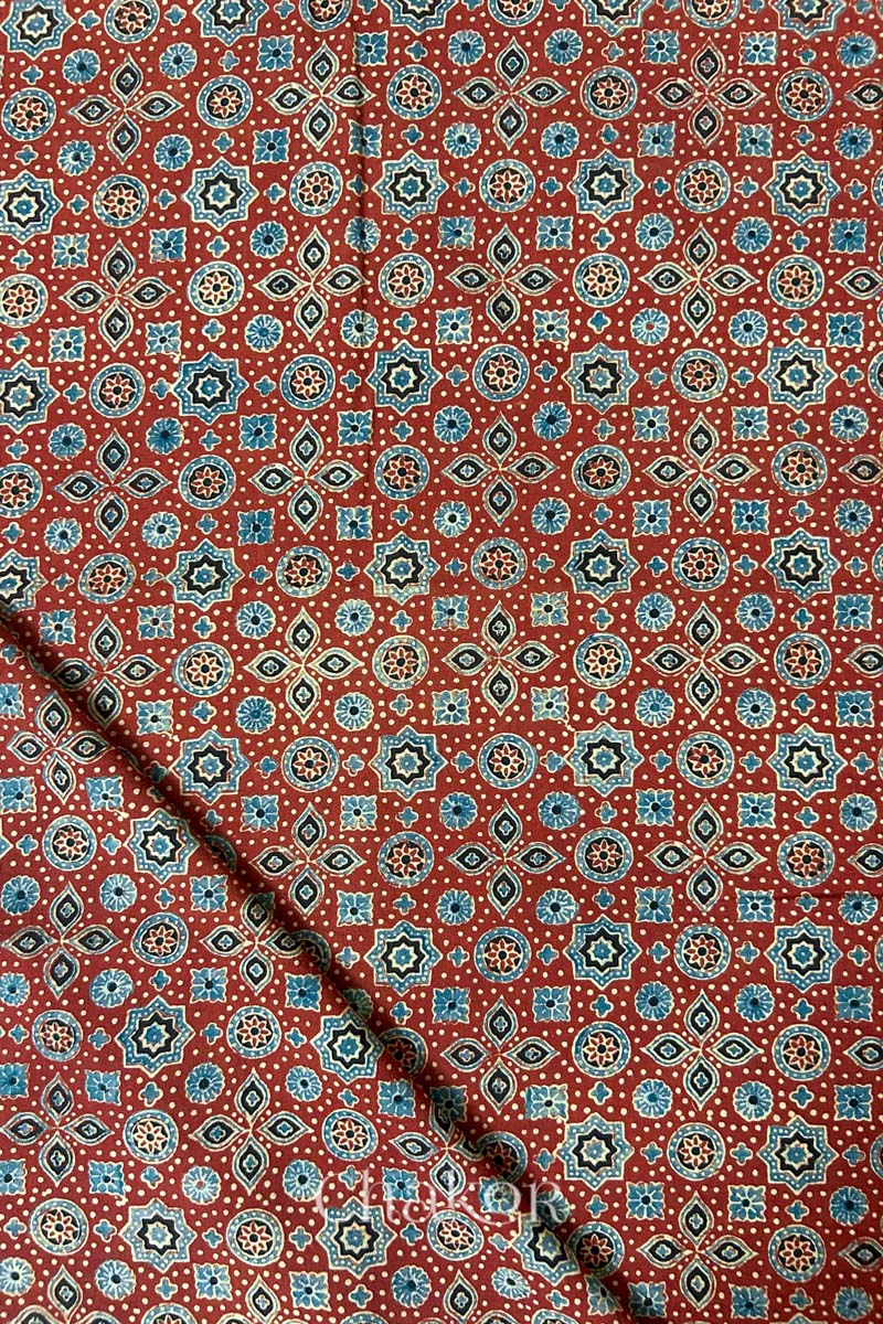 Madder Red Ajrakh Printed Cotton Kurta Fabric - 3 mtr