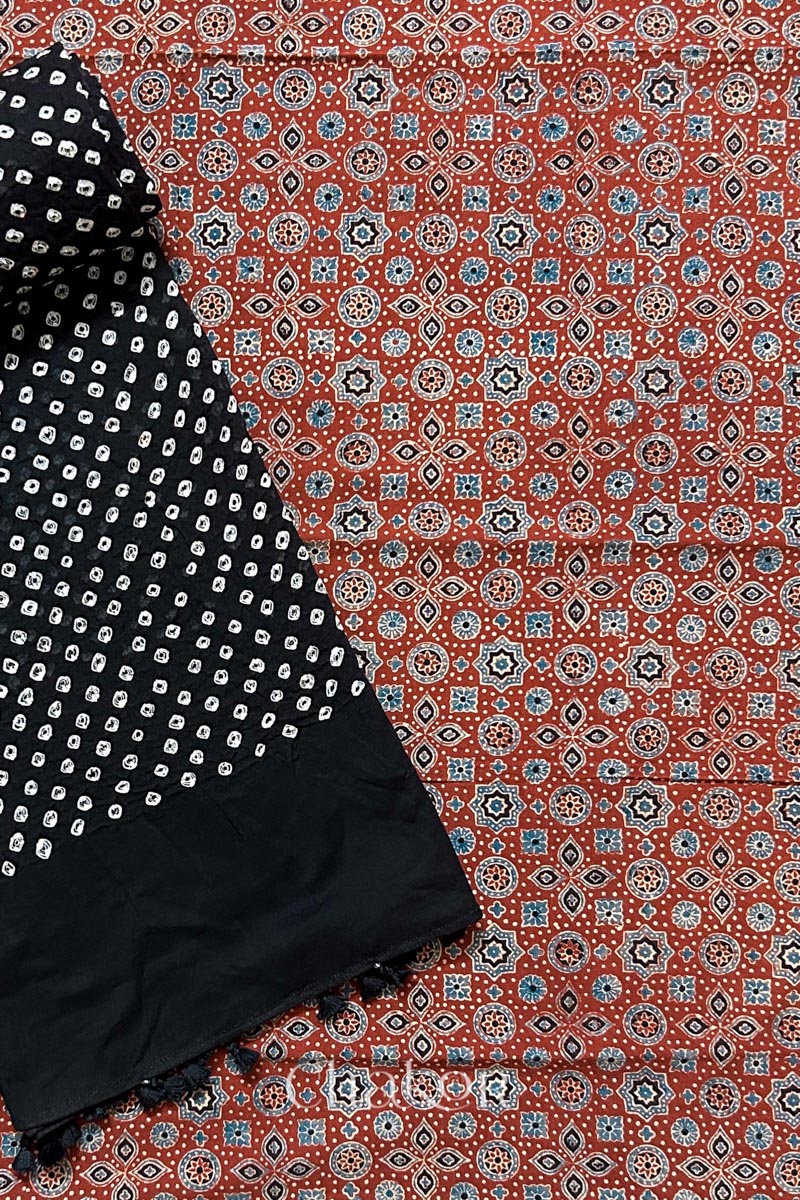 Madder Red Ajrakh Printed Cotton Kurta Fabric with Black Bandhani Dupatta