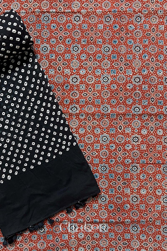 Madder Red Ajrakh Printed Cotton Kurta Fabric with Black Bandhani Dupatta