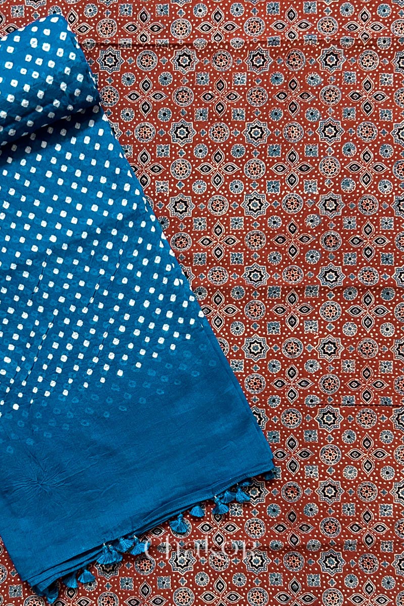 Madder Red Ajrakh Printed Cotton Kurta Fabric with Indigo Bandhani Dupatta