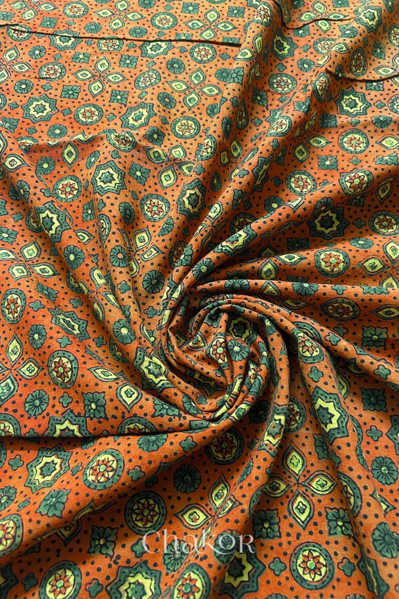 Rusty Orange Ajrakh Printed Cotton Kurta Fabric - 3 mtr