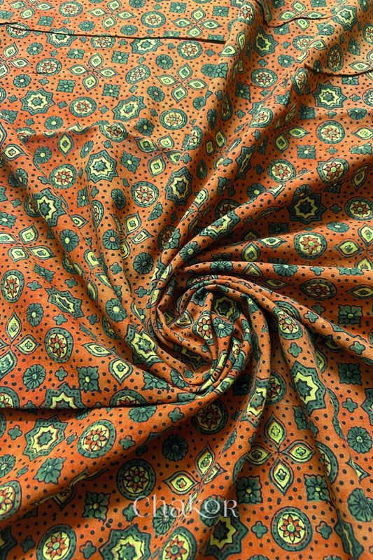 Rusty Orange Ajrakh Printed Cotton Kurta Fabric - 3 mtr
