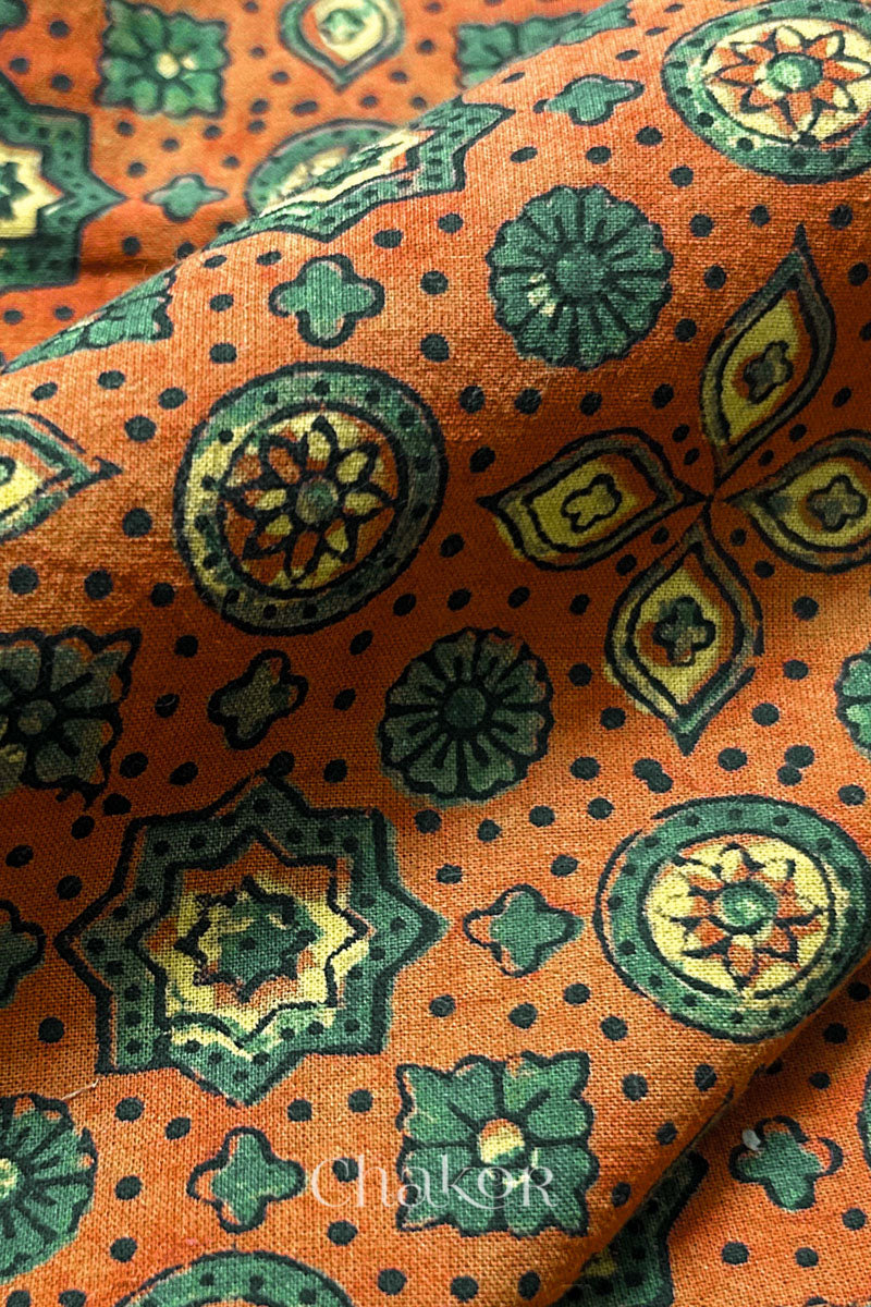 Rusty Orange Ajrakh Printed Cotton Kurta Fabric - 3 mtr