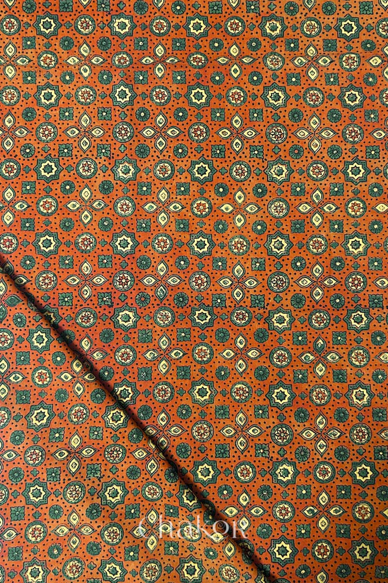 Rusty Orange Ajrakh Printed Cotton Kurta Fabric - 3 mtr
